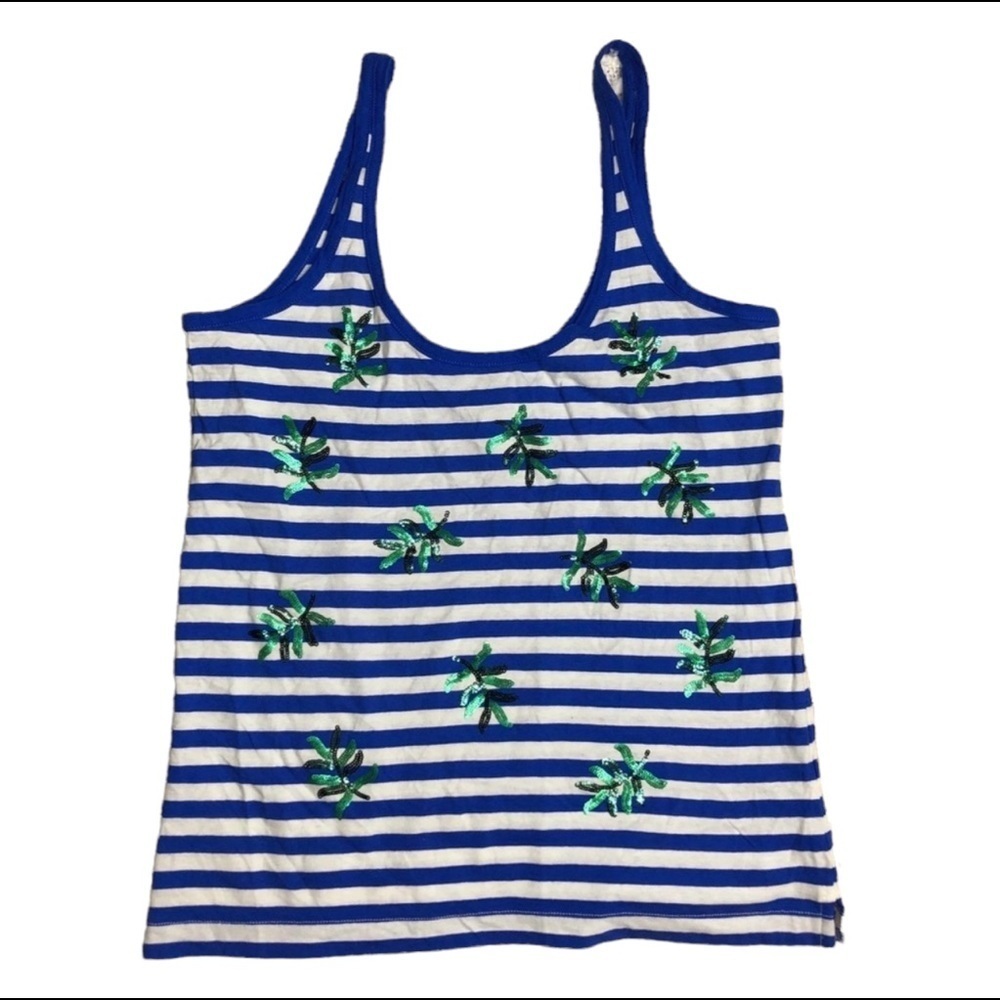 NWOT J. Crew blue stripe sequins palm leafs tank top - Picture 2 of 7